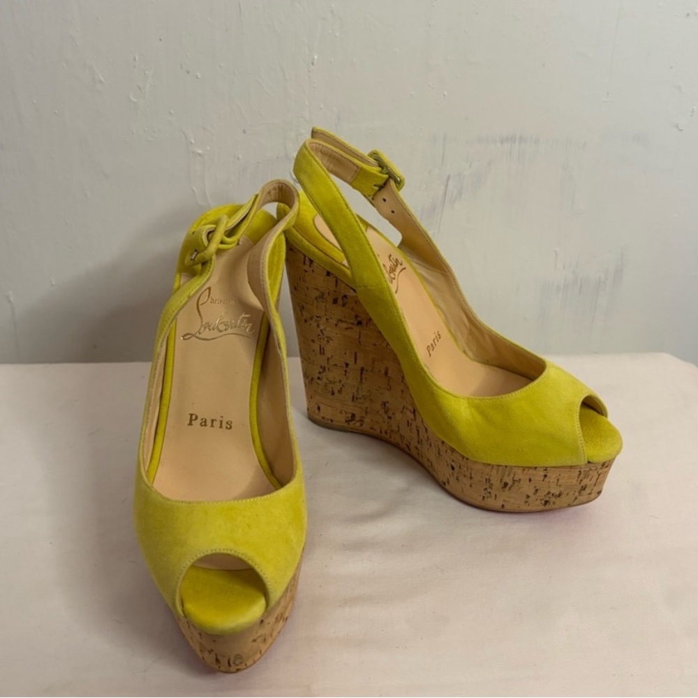 Christian Louboutin yellow suede cork wedge sandals